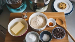 overhead shot of Browned Butter Chocolate Chip Cookies ingredients and preparation