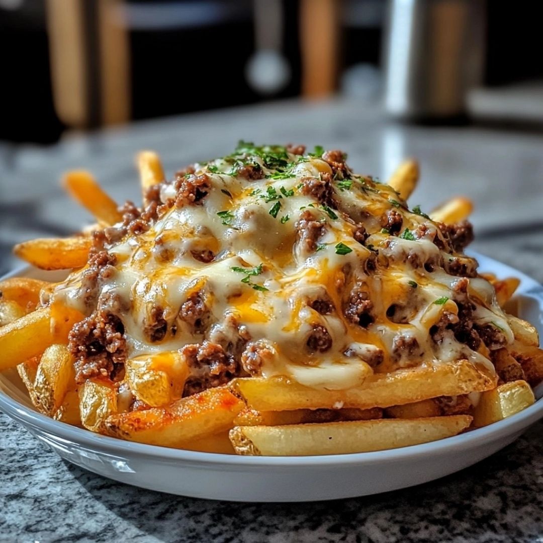 Plate of crispy French fries topped with seasoned ground beef, melted cheddar and mozzarella cheese, and chopped parsley on a granite countertop.