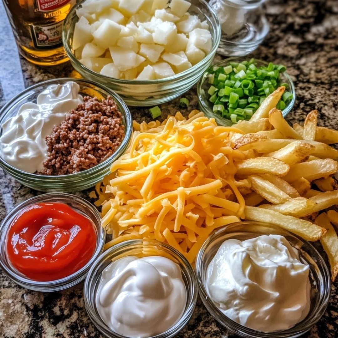 Ultimate Cheesy Beef Loaded Fries: Your New Favorite Game Day Snack 2 Glass bowls containing shredded cheddar cheese, cooked ground beef, sour cream, ketchup, chopped green onions, diced potatoes, and crispy French fries on a granite countertop.