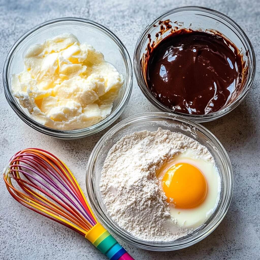Ingredients for a lava cake recipe including melted chocolate, butter, flour with egg, and powdered sugar in glass bowls next to a colorful whisk.