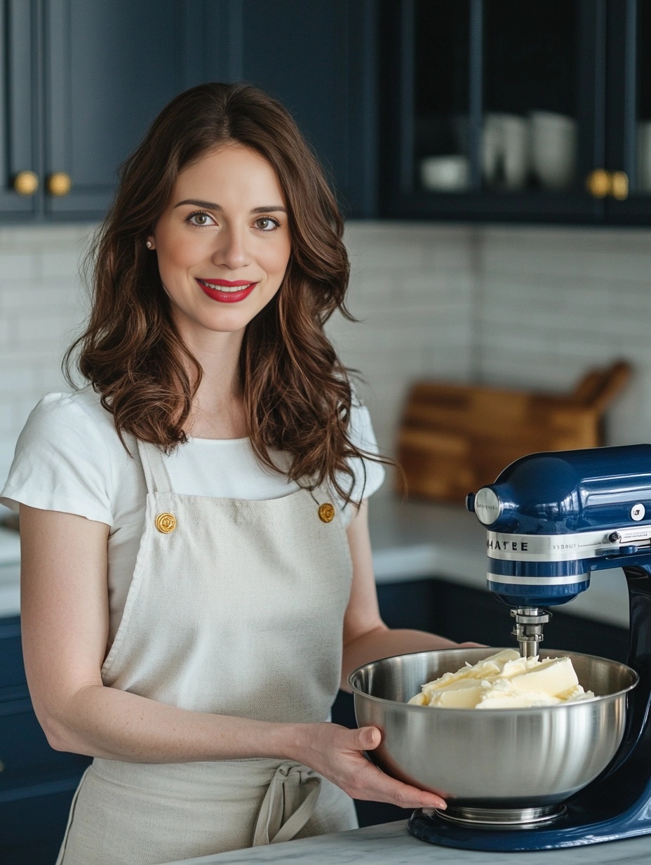 Tracy Shannon standing in a kitchen, smiling and holding a bowl of butter in front of a blue stand mixer.